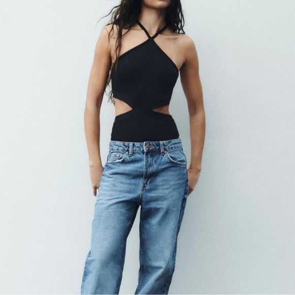 Zara Black Cut Out Ribbed Bodysuit Size Medium - Picture 2 of 11